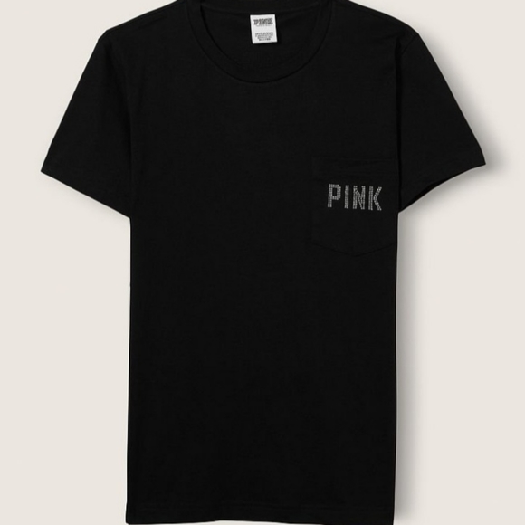 Victoria's Secret Pink Campus Crew Tee Pure Black Shine Logo - Picture 7 of 15